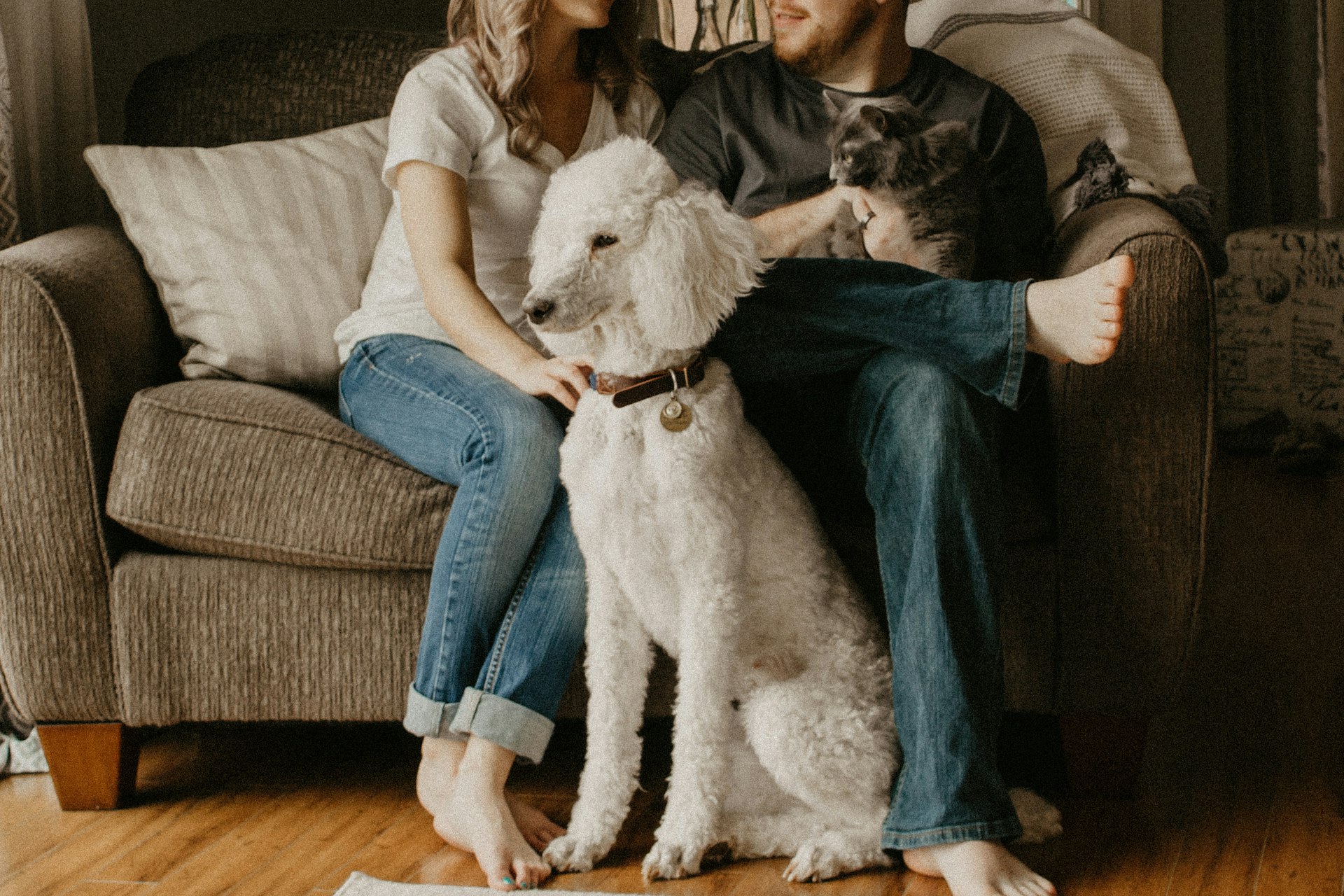 Familia en el sofá de casa con su perro