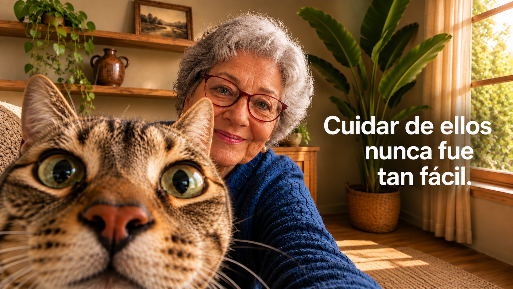Cuidar de ellos nunca fue tan fácil. Una mujer mayor con su gato.