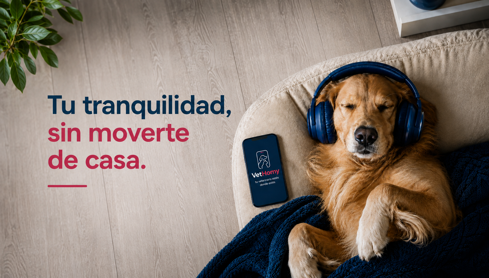Tu tranquilidad, sin moverte de casa. Un perro con auriculares junto a un móvil con VetHomy.